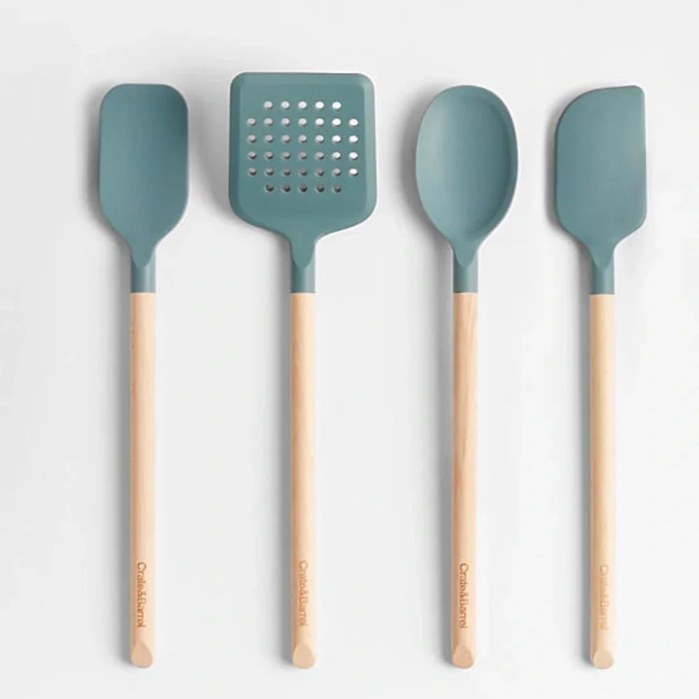 New! Crate&Barrel Blue Silicone Utensil Set with Wooden Handles, Set of 4